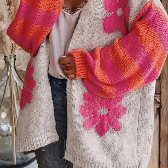 Multicolor Casual Women's Elegant Floral Print Knit Oversized V-Neck Cardigan - Picture 2 of 4